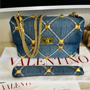 Valentino Roman Stud Denim Shoulder Bag with Gold Studs - Large - unicorn